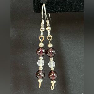 Sterling Silver, Garnet, Rose Quartz Beaded Drop Earrings by Shanstones